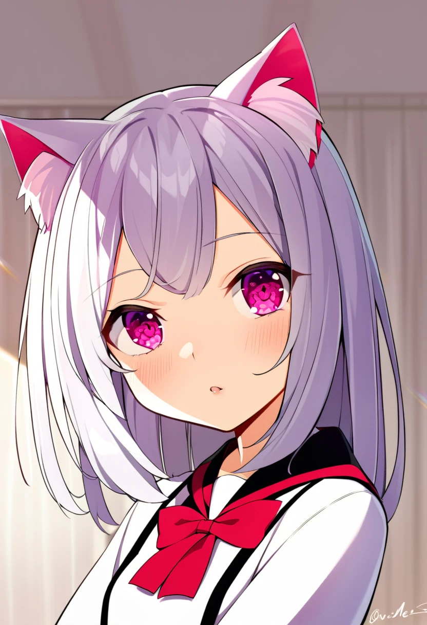 one girl, cat ears, white hairs, naive, hair eyes, pink eyes, love me, 