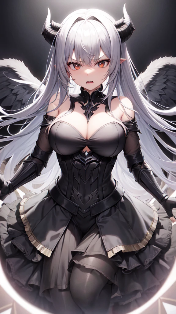 masterpiece, high quality, 4K, HDR, armored dress knight, black halo above head, black horns on head, large black tail, large black wings on back, Silver hair, intake hairstyle, blunt bangs, long hair, crimson eyes, narrowed eyes, sharp teeth, slightly pointed ears, displeased expression, slightly open mouth, low angle, full body, athletic, toned body, medium breasts