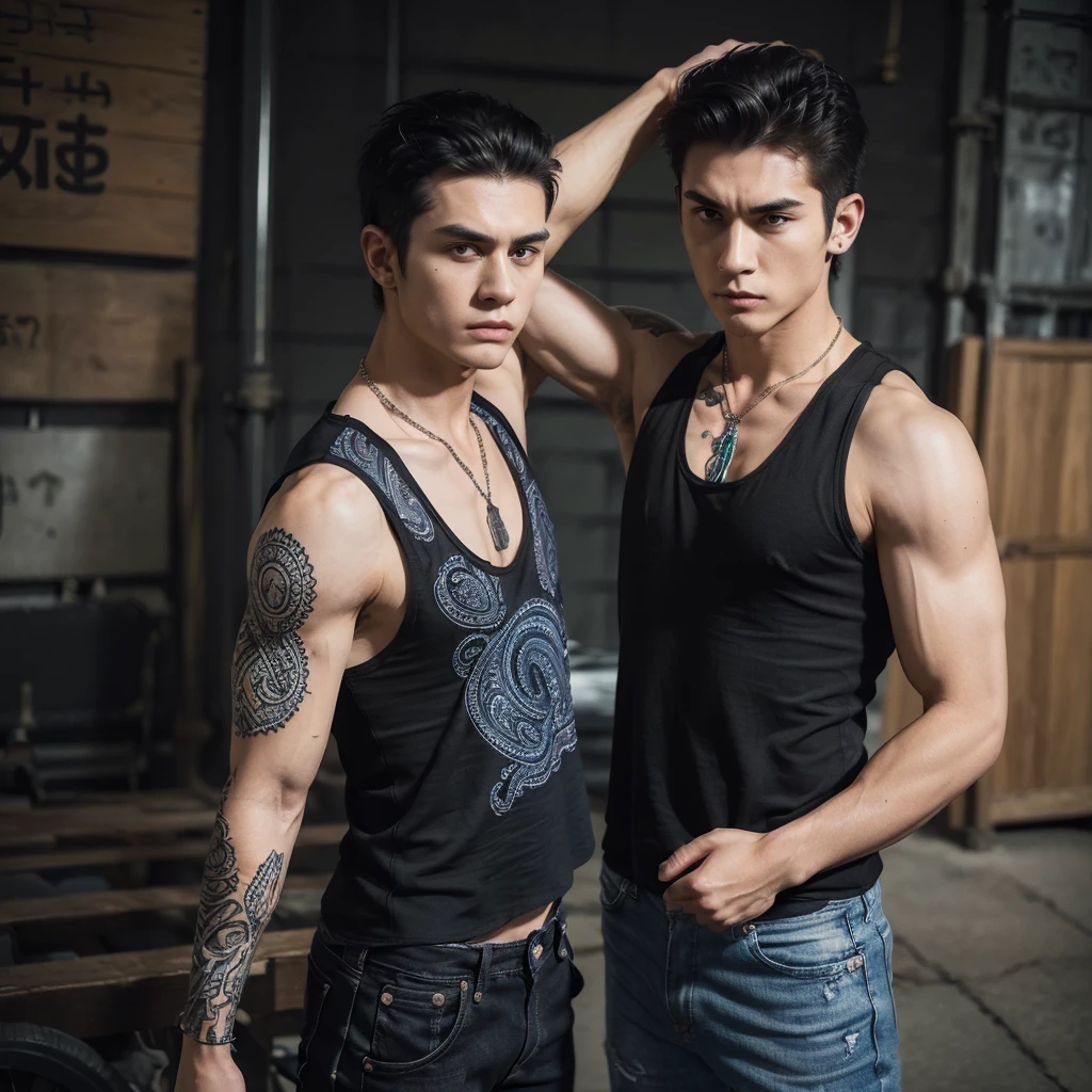 (((simple Black tank top)))、((Cover your nose and neck with a paisley pattern cloth))、Denim pants、sneakers、Tattoo、Muscular、necklace、(Glowering look、furious)、Alley、undercut hair、Spiky hair、(thumbs up、arm up)、、masterbation