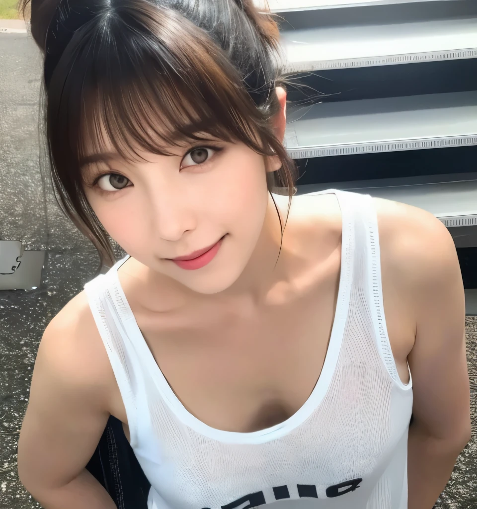 Highest quality、masterpiece、Ultra-high resolution、、Clear photos、Very cute girl、beautiful girl、The cutest Erina Mano、Shining Eyes、Round eyes、Beautiful and delicate skin、Laughter、White tank top、hot pants、ponytail、Black cap、slender、(Small breasts、Flat Chest)、Large erect nipples、(slouch、I can see her cleavage)、Narrow waist、Full body photo