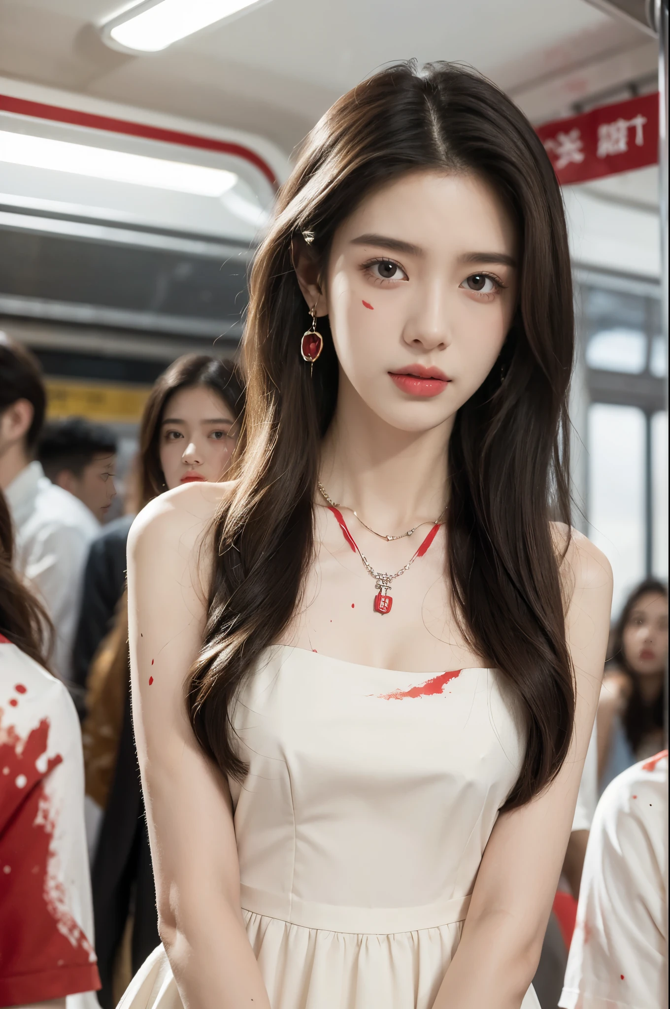 (((best quality))),(((ultra detailed))),(((masterpiece))),illustration,(a stunning girl,solo),(shoulder length straight hair:1.2),((earrings,necklace)),((slim,thin)),((small breasts,flat chest)),(standing:1.3), ((awkwardly,painful,embarrassed)),(In modern high-speed railway carriages:1.3),(short sleeves:1.2),(white dress splattered with red paint stains:1.3),(surrounded by crowded crowds:1.3),((from front,upper body))