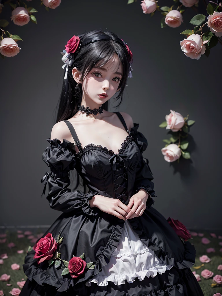 masterpiece, best quality,1girl,gothgal,frilly dress 8k,highres, (赤いrose flower_styler:1.2)(rainbow-candy:1.2)