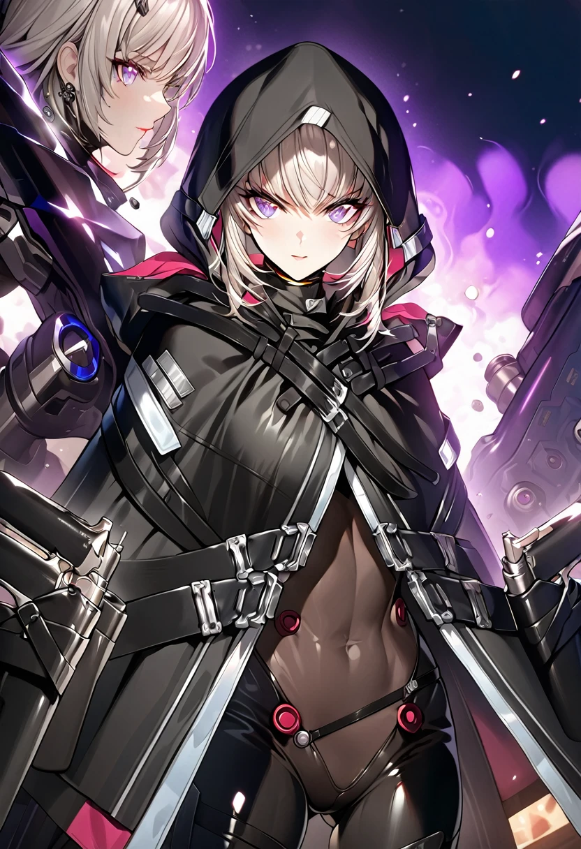 absurdres, by famous artist, exquisite, cowboy shot, hood, jacket, body suit, black clothes, black wear, weapon,(((purple eyes))), masterpiece, super fine illustration, ultra high res, masterwork, best quality, cg unity 8k wallpaper, official art, ultra detailed, finely quality eyes, (((accurate face parts))), (((perfect face, perfect eyes))), ultra detailed beautiful face, ultra detailed beautiful eyes, (((clear eyes, light eyes))), (((even eyes, symmetrical eyes))), (((breasts))), gleaming skin, oil skin, shiny skin, (((black pantyhose, black tights))), beautiful and aesthetic, High quality, extremely detailed, extremely detailed cg unity 8k wallpaper, super detailed skin, hdr, highers, extremely detailed beautiful face, 16k, finely detail, Amazing, top quality, distinct image, vibrant details, professional art, finely detailed face, a face of perfect proportion, high detailed face, beautiful, extremely detailed beautiful girl, ultra detailed beautiful girls, absolutely resolution, illustration, increase cinematic lighting quality, exquisite detail, hyper detailed, high detail, (((shiny eyes))), (((beautiful eyes))), (((detailed eyes))), (((beautiful face))), (((detailed face))),