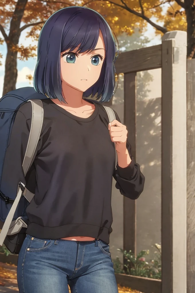girl, jeans, autumn, jumper, backpack