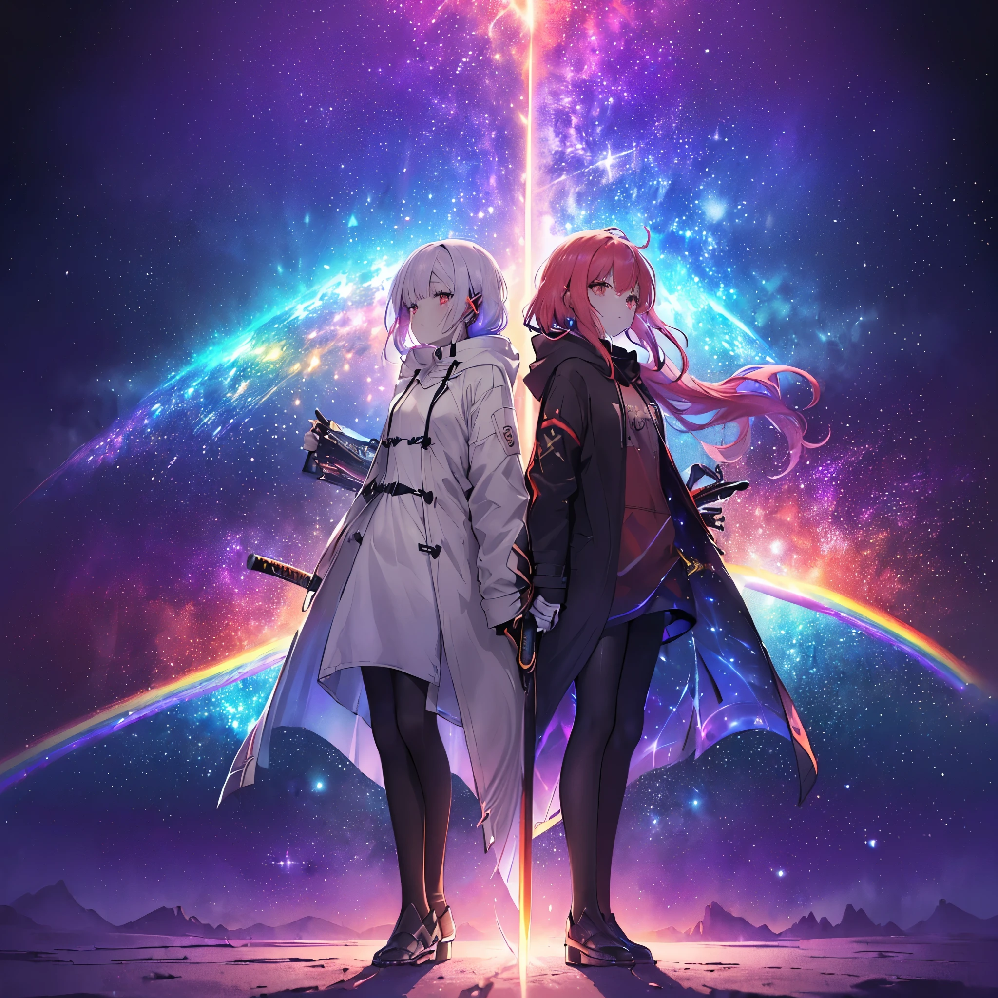 (((((Two women standing back to back、Holding a sword　Galaxy Background、Shine)))))　((((Fantasy　Rainbow colors、Long Hair　Dull red eyes　High Neck Hoodie　Put on a coat without putting your arms through it))))　(((Lonely　despair)))　((tears　gloves))　(Distorted Space-Time　star　moon)　Catch the wind　Shine背景　Particles of light, Shineエッジ