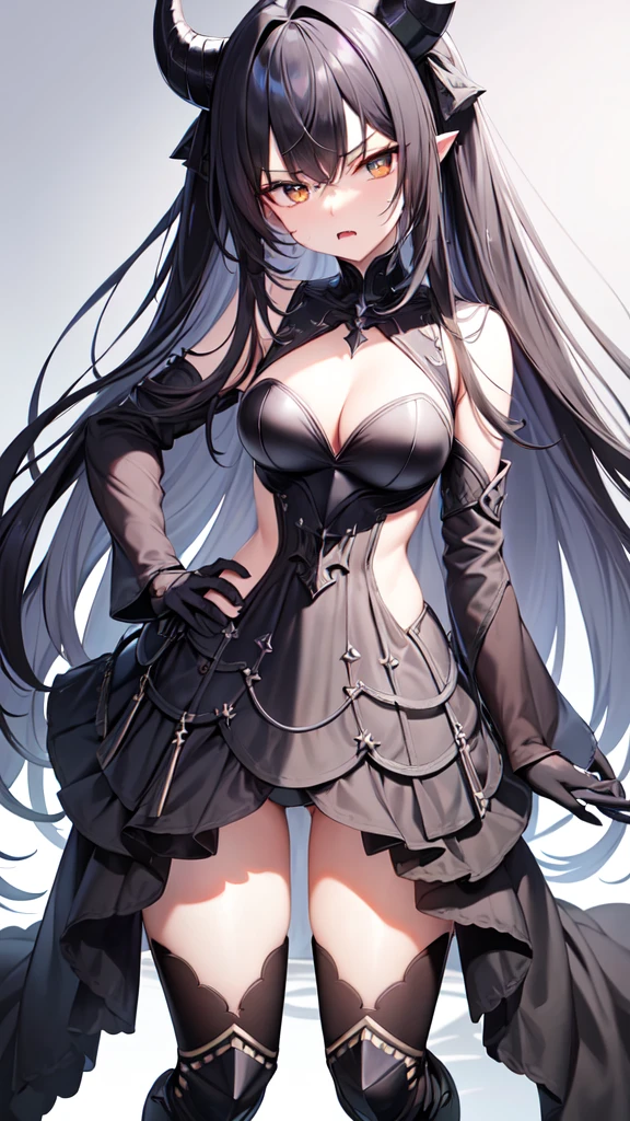 masterpiece, high quality, 4K, HDR, armored dress knight, black halo above head, black horns on head, large black tail, large black wings on back, Silver hair, intake hairstyle, blunt bangs, long hair, crimson eyes, narrowed eyes, sharp teeth, slightly pointed ears, displeased expression, slightly open mouth, low angle, full body, athletic, toned body, medium breasts