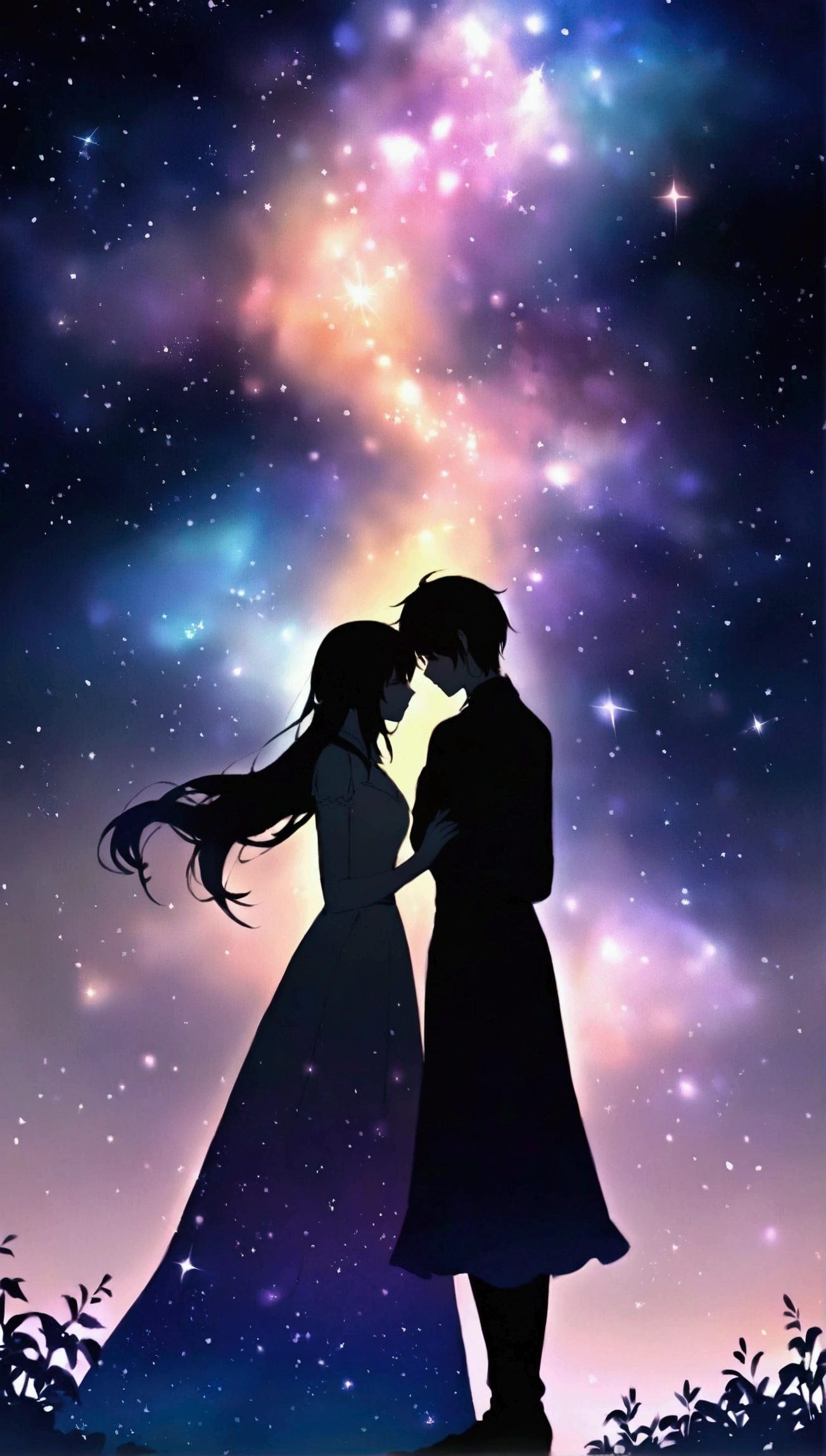 "Twinkling Star々The night sky is filled with, Each star shines brightly. This scene radiates a sense of love and connection., As if the stars were shining a light on your feelings for that special someone. background, soft, The gentle glow enhances the romantic atmosphere.. Starlight creates a path to the horizon, It symbolizes the bond between two people that transcends distance.."Silhouette of man and woman