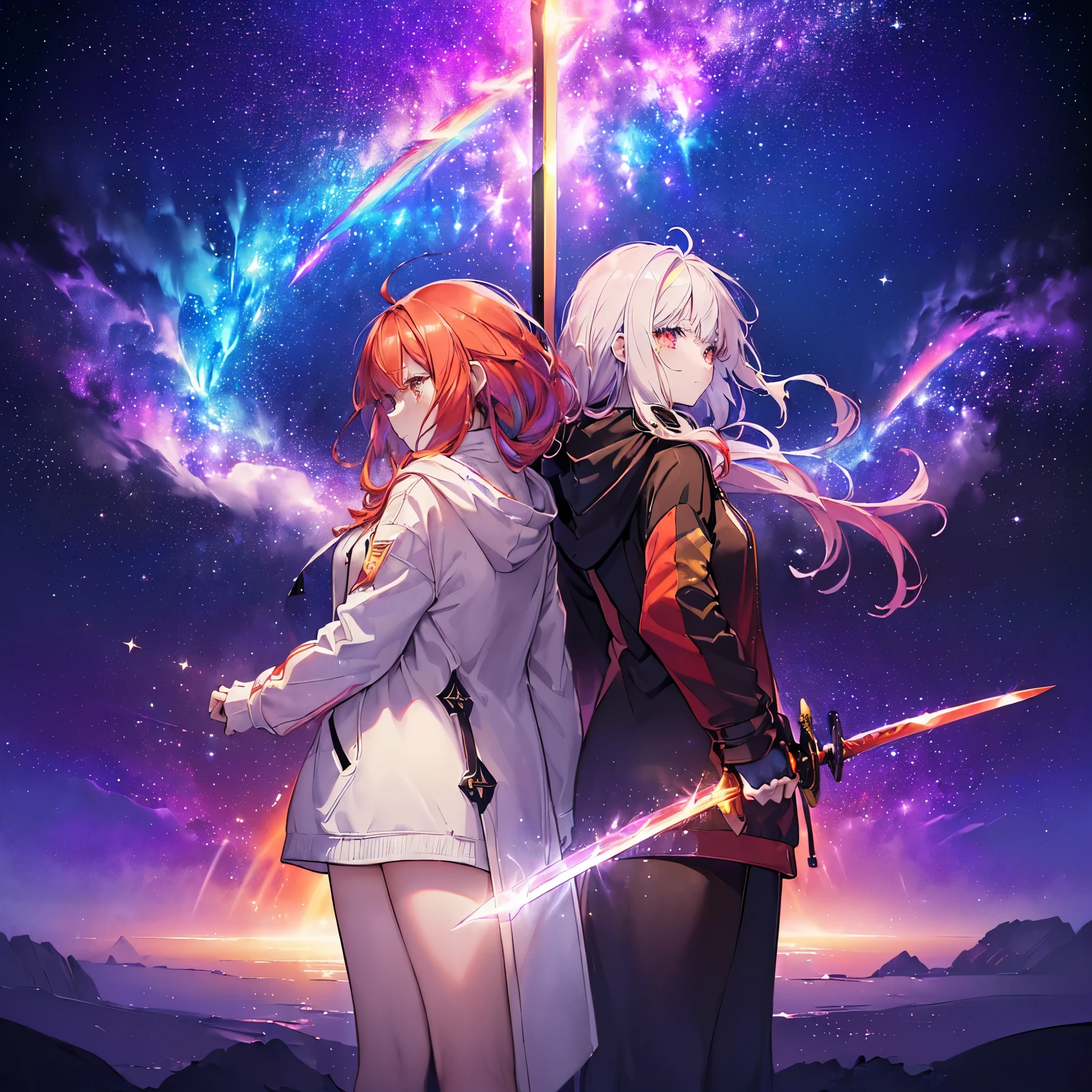 (((((Two Women、back to back、Holding a sword Galaxy Background、Shine))))) ((((Fantasy Rainbow colors、Long Hair Dull red eyes High Neck Hoodie Put on a coat without putting your arms through it)))) (((Lonely despair))) ((tears gloves)) (Distorted Space-Time star moon) Catch the wind Shine背景 Particles of light, Shineエッジ