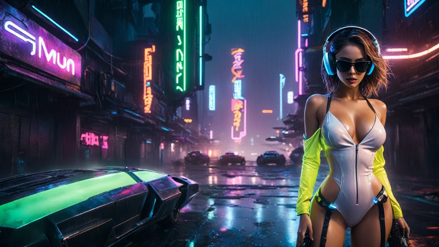 (aerial view, a flying cars docking platform, a very dark abandoned futuristic city, neon lights), rainy night. (((1girl, solo, alone))), large-breast:1.2 slim body, cleavage:1.1, sexy wind blowing wet dress:1.4, (((headphone, black sunglasses, standing and holding pistol:1.8, dynamic seductive pose))), (((((half-body thigh level medium shot))))), cinematic lighting, lens flare, ray tracing.