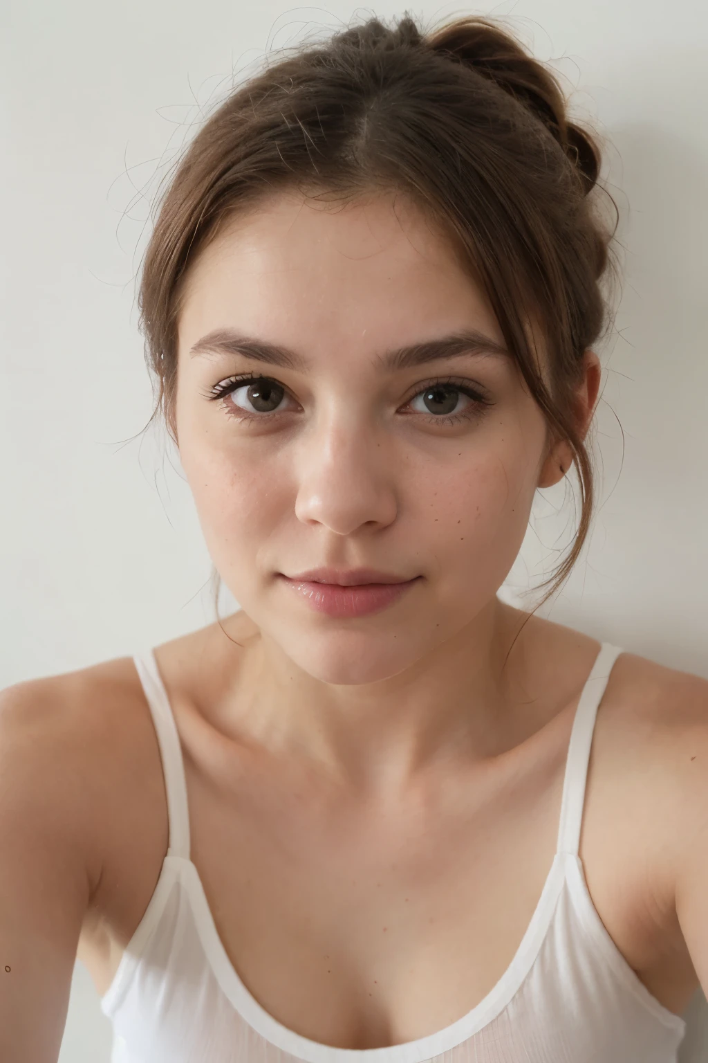 natural body, wears a white fine rib undershirt, broad chubby face, white wall as background, 70kg heavy, 1,70cm tall, brown hair to a bun, Very detailed, 30 years old, High resolution, ​masterpiece, best quality, Elaborate, Highly detailed, muito detalhado, keen focus, detailed skin, realistic skin Textur, detailled eyes, perfectly fitting body, extremely detail, photorealestic, small tiny , looking into camera, small breasts, skin without freckles, realistic brown eyes, turned her head to the camera, no hair in the face, selfie ankle, an arm stretched forward towards the camera, no strand of hair