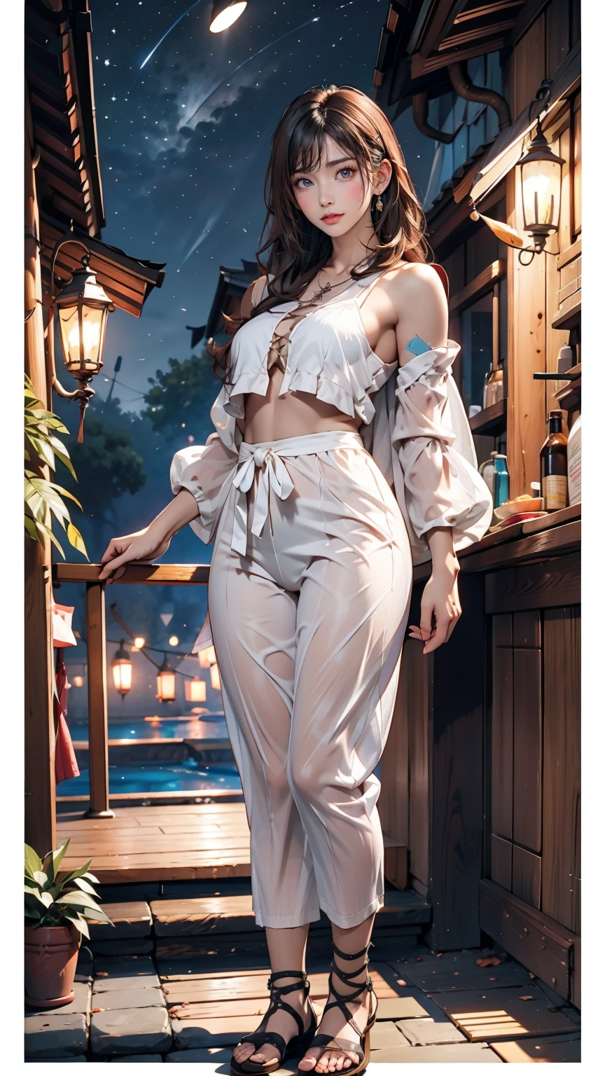 masterpiece, Beautiful Goddess of the Void, Standing under the stars in the night sky in a transparent white outfit, Disappearing Transparent Pants, Full body standing, Tall figures, Thin legs, Facial details, Body parts details, 8k wallpaper、24-year-old female、sexy proportions、sexy、Textured skin((Textured skin))、Tight waist、Long eyelashes、Bottomless、topless、Lace-up sandals、smile