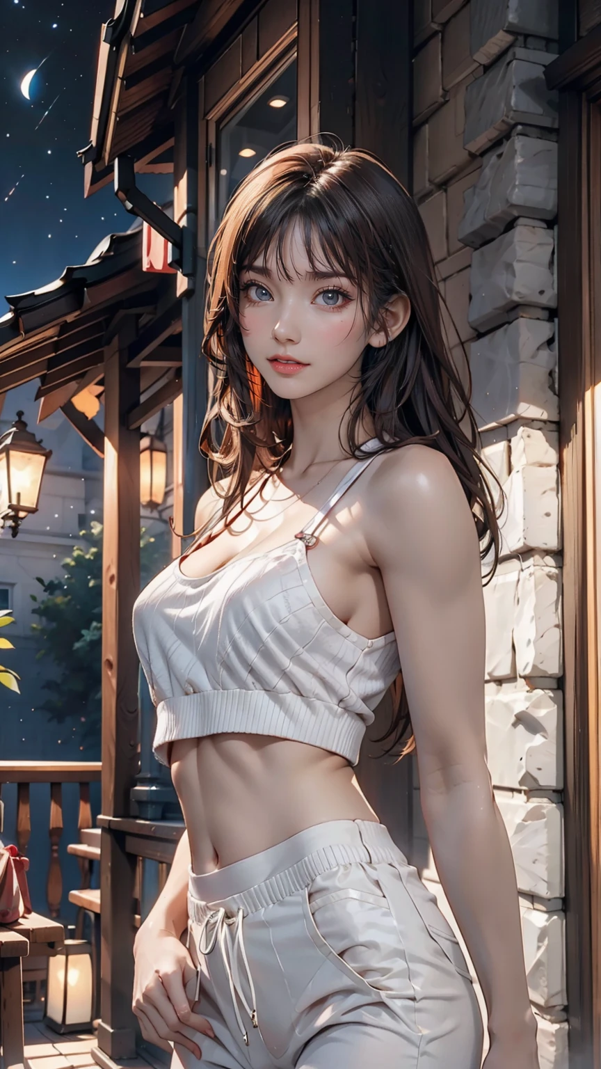 masterpiece, Beautiful Goddess of the Void, Full body white transparent clothing standing under the stars at night in the sky, Disappearing Transparent Pants, Full body standing, Tall figures, Thin legs, Facial details, Body parts details, 8k wallpaper、24-year-old female、Sexy proportions、Sexy、Textured skin((textured skin))、Narrow waist、Long eyelashes、bottomless、topless、Lace-up sandals、smile