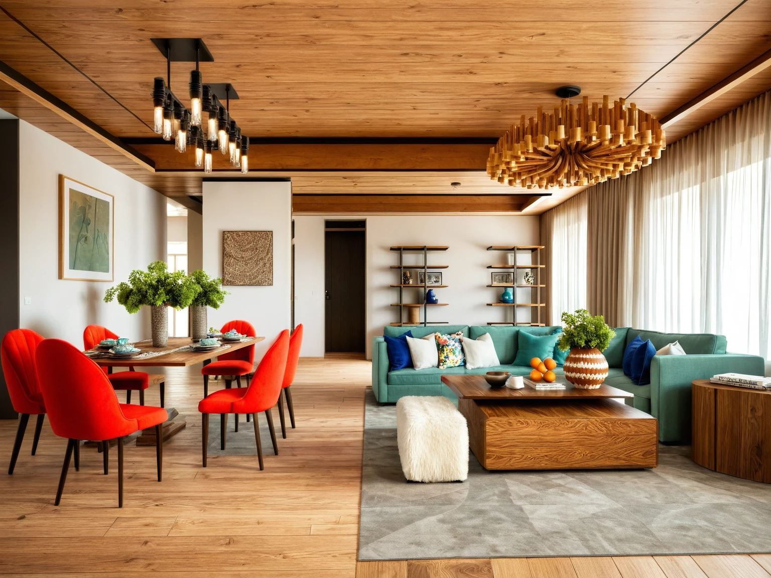 Raw photo, Masterpiece, high quality, best quality, authentic, super detail,
Rustic Farmhouse,
Evokes a sense of warmth, comfort, and nostalgia. Think exposed beams, natural textures, and furniture with a vintage or handcrafted feel,
This style utilizes a warm and inviting palette with creams, beiges, and light browns as the base, Accents of green, blue, or red can be used to bring in a touch of color reminiscent of nature, Natural materials like wood and stone are heavily featured,