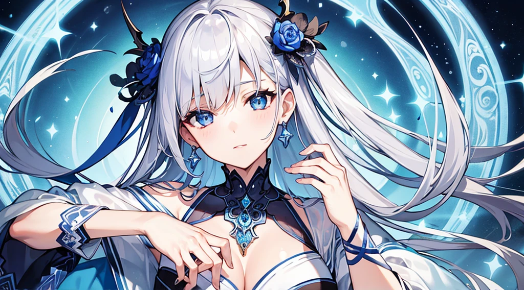 Highest quality, masterpiece, figure, wallpaper,One woman, Beautiful detailed woman, Highly detailed eyes and face, Beautiful attention to detail, Shine, View your viewers, Blue Eyes, Side Up,Beautiful silver hair ,crisp finger, clear background, deep night、Big earrings、bracelet,28 years old