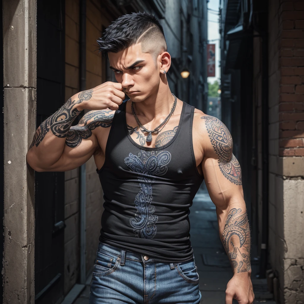 (((simple Black tank top)))、((Cover your nose and neck with a paisley pattern cloth))、Denim pants、sneakers、Tattoo、Muscular、necklace、(Glowering look、furious)、Alley、undercut hair、Spiky hair、(thumbs up、arm up)、、masterbation