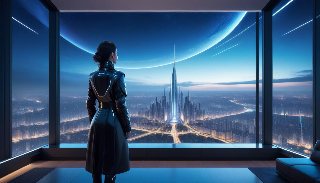at night, front view of a person overlooking a futuristic city landscape out of a large window in a futuristic luxury apartment with a beautiful sky