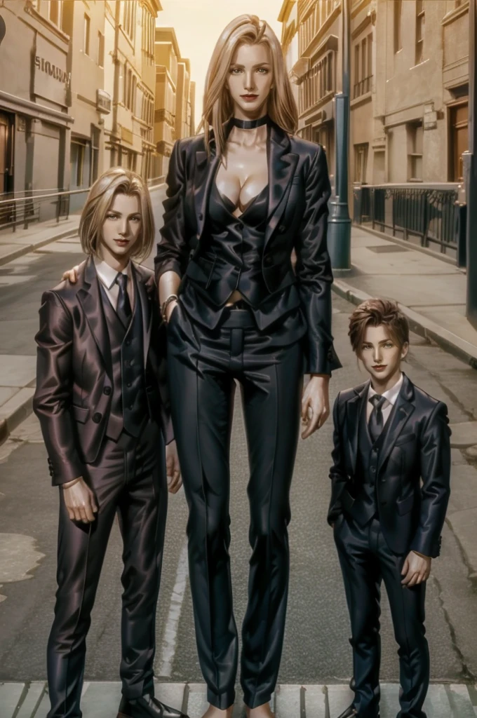 Tall wife in the middle, short husband in the left, short son in the right, beautiful faces, wife is wearing suit and pants, wife has big , wife is showing cleavage, wife is ripped, wife's suit has a belly button cutout, wife has ripped visible abs, make the girls even more taller than the boys, boys are very thin and weak, boys wearing suit and pants, wife is standing barefoot, boys are wearing office shoes