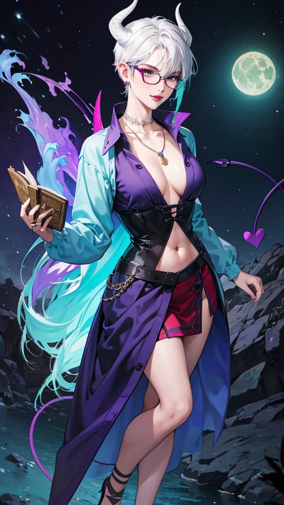 8k, masterpiece, best quality, highly detailed, 1 girl, tiefling, warlock, multicolored hair, very short straight hair green highlight hair on white hair, strippled hair, wearing glasses, round glasses, earrings, navel piercing, miniskirt, red eyeshadow, long eyelashes, blushed cheek, red lips, necklace, rings, collarbone, mole, glamorous, teal clothing, purple clothes, smirk, fullbody view, rings, looking at viewer, demon horns, solo, nightmarish landscape, blue pale moon, standing, cosmic horror, decaying, holding books