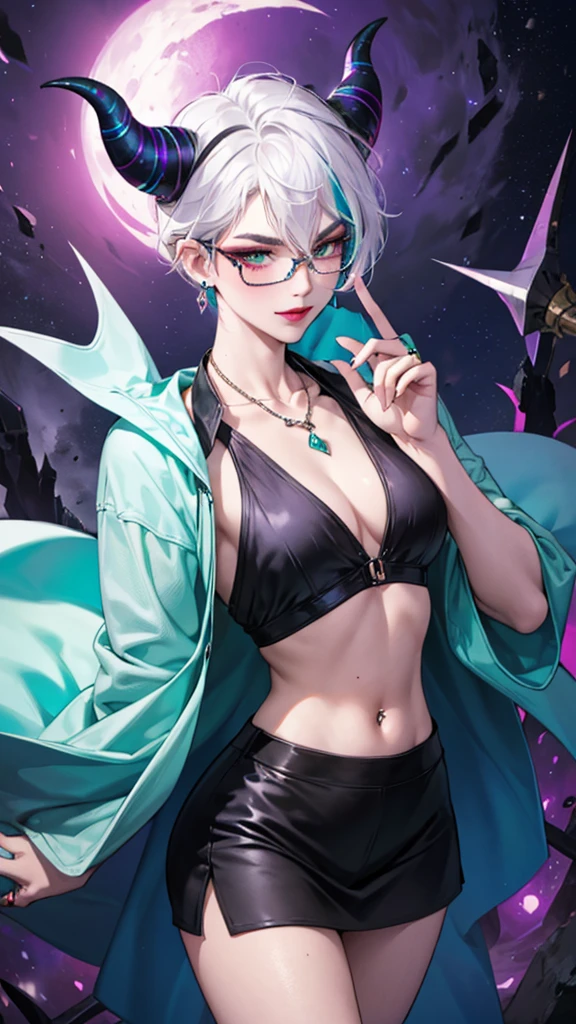 8k, masterpiece, best quality, highly detailed, 1 girl, tiefling, warlock, multicolored hair, very short straight hair green highlight hair on white hair, strippled hair, wearing glasses, round glasses, earrings, navel piercing, miniskirt, red eyeshadow, long eyelashes, blushed cheek, red lips, necklace, rings, collarbone, mole, glamorous, teal clothing, purple clothes, smirk, fullbody view, rings, looking at viewer, demon horns, solo, nightmarish landscape, blue pale moon, standing, cosmic horror, decaying, holding books
