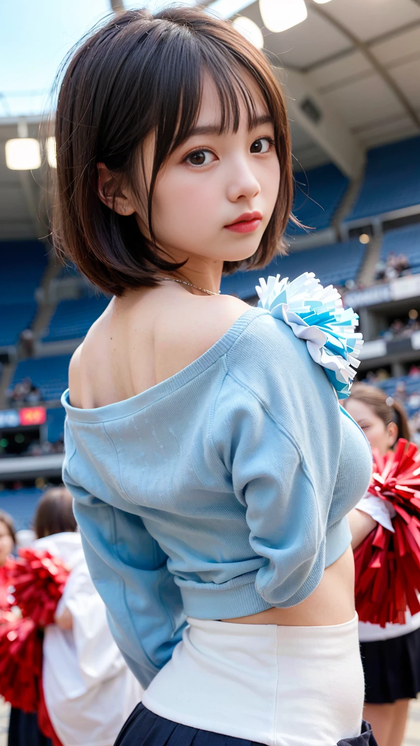 "masterpiece, ultra high res, 8k, RAW photo, best quality, detailed shadow, amazing, finely detail, sharp focus, (standing naturally:1.5), (cowboy shot:1.3), (acrobatic pose:1.5), (detailed and structured patterns:1.5), (looking at viewer:1.2), BREAK 1girl, (18 years old:1.5), (black medium hair:1.2), (bob cut:1.3), (blunt bangs:1.4), medium breasts, (perfect face:1.4), super detailed beautiful skin, (abs:0.7), (round face:1.5), (skinny:1.5),
((sky blue)cheerleade:1.4), (very tight Show off skin on shoulders, back, and décolletage cheerleade:1.4), (long sleeve tops cheerleade:1.4), (Skirt with a switch at the hem-cheerleade:1.4), (blue, white, red, cheerleade velor fabric cheerleade:1.4), (indoor stadium:1.4), (beam:1.5)"