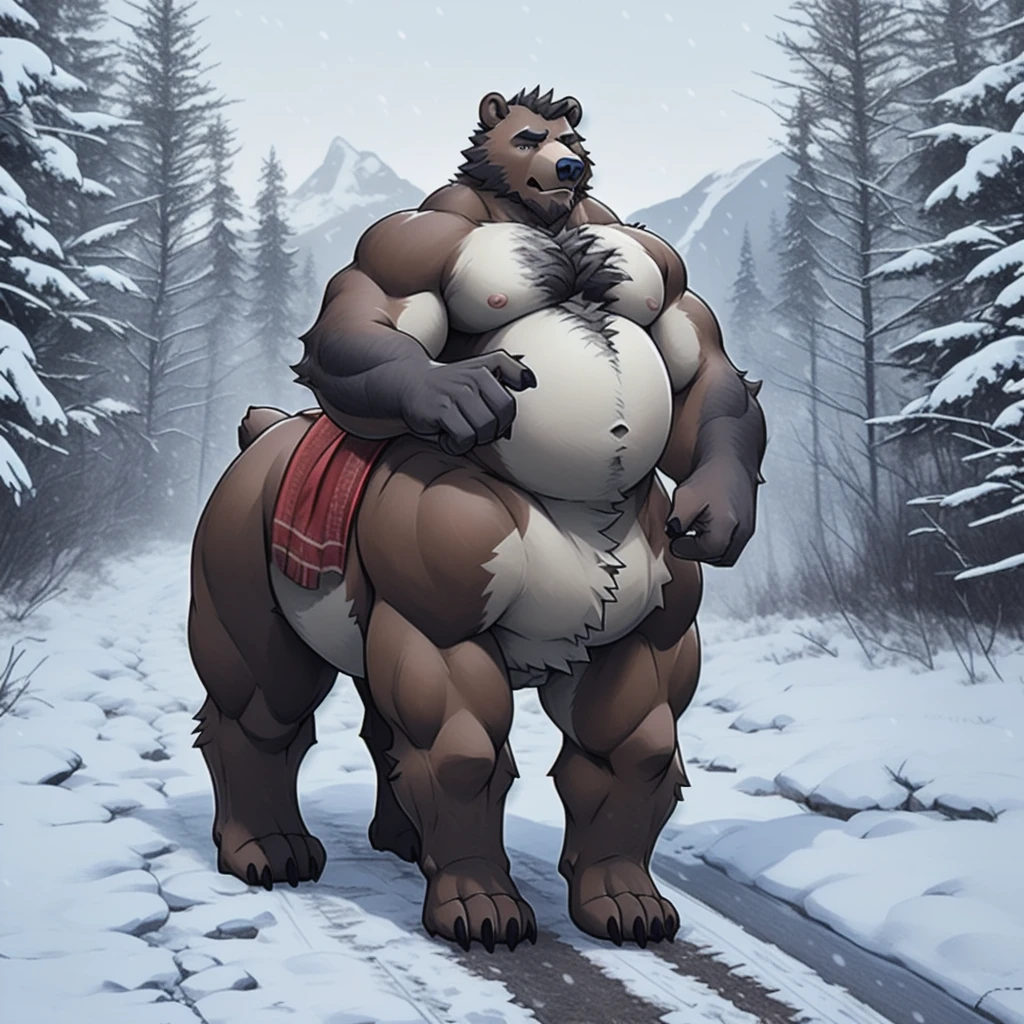 furry, fur taur, beartaur, middle-age, solo, detailed face, bear ears, bear eyes(brown), bear nose(black), bear mouth, garibaldi beard(grey), mature hair(grey), detailed arms, thick arms, muscular, thick hands(5 fingers), detailed body belly, thick body, muscle belly(white), thick chest, chest hair(grey), detailed taur body, thick taur body, thick bear paws, thick bear tail, full body shot, winter, snow, standing on the road