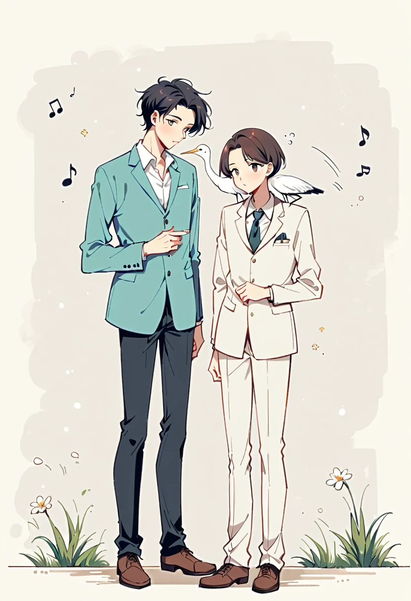 Watase Seizo style, Short black hair,Standing in front of a wall,Simple line initials,A background of scattered musical notes, Egret on shoulder,A lovely touch (((The most beautiful men))), (((a bit)))