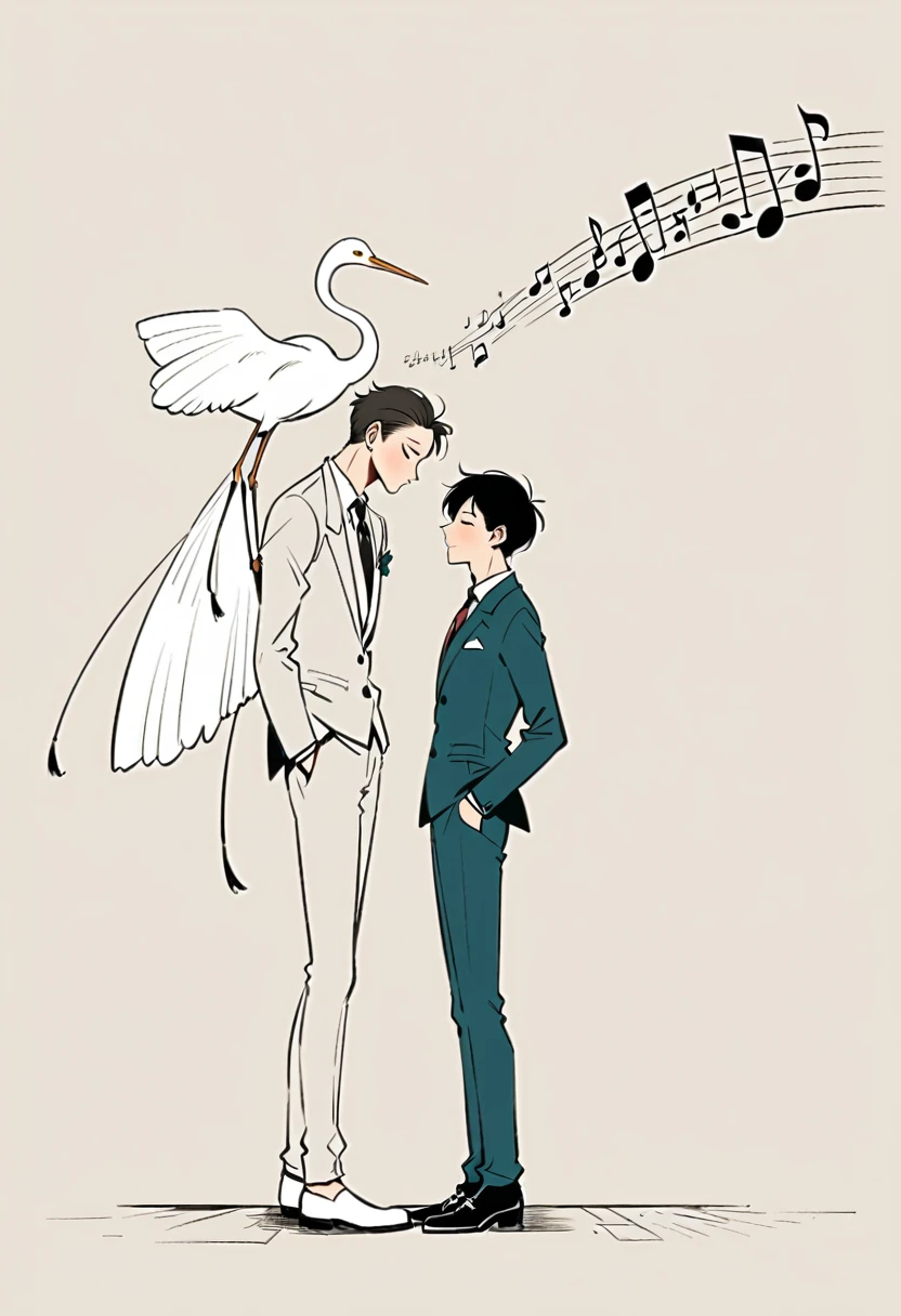 Watase Seizo style, Short black hair,Standing in front of a wall,Simple line initials,A background of scattered musical notes, Egret on shoulder,A lovely touch (((The most beautiful men))), (((a bit)))