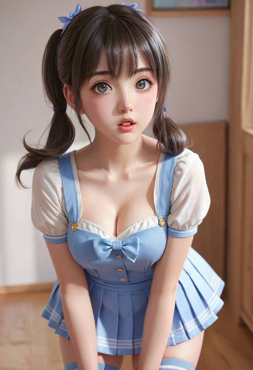 1girl, cute anime girl,  body, large eyes, blushing face, surprised expression, round cheeks, , pleated skirt, knee-high socks, detailed facial features, beautiful detailed eyes, beautiful detailed lips, extremely detailed face and skin, long eyelashes, dynamic pose, (best quality,4k,8k,highres,masterpiece:1.2),ultra-detailed,(realistic,photorealistic,photo-realistic:1.37),anime art style,vibrant colors,soft lighting,warm color palette