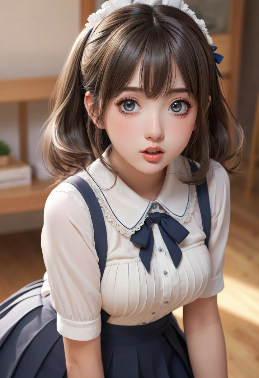 1girl, cute anime girl, body, large eyes, blushing face, surprised expression, round cheeks, , pleated skirt, knee-high socks, detailed facial features, beautiful detailed eyes, beautiful detailed lips, extremely detailed face and skin, long eyelashes, dynamic pose, (best quality,4k,8k,highres,masterpiece:1.2),ultra-detailed,(realistic,photorealistic,photo-realistic:1.37),anime art style,vibrant colors,soft lighting,warm color palette