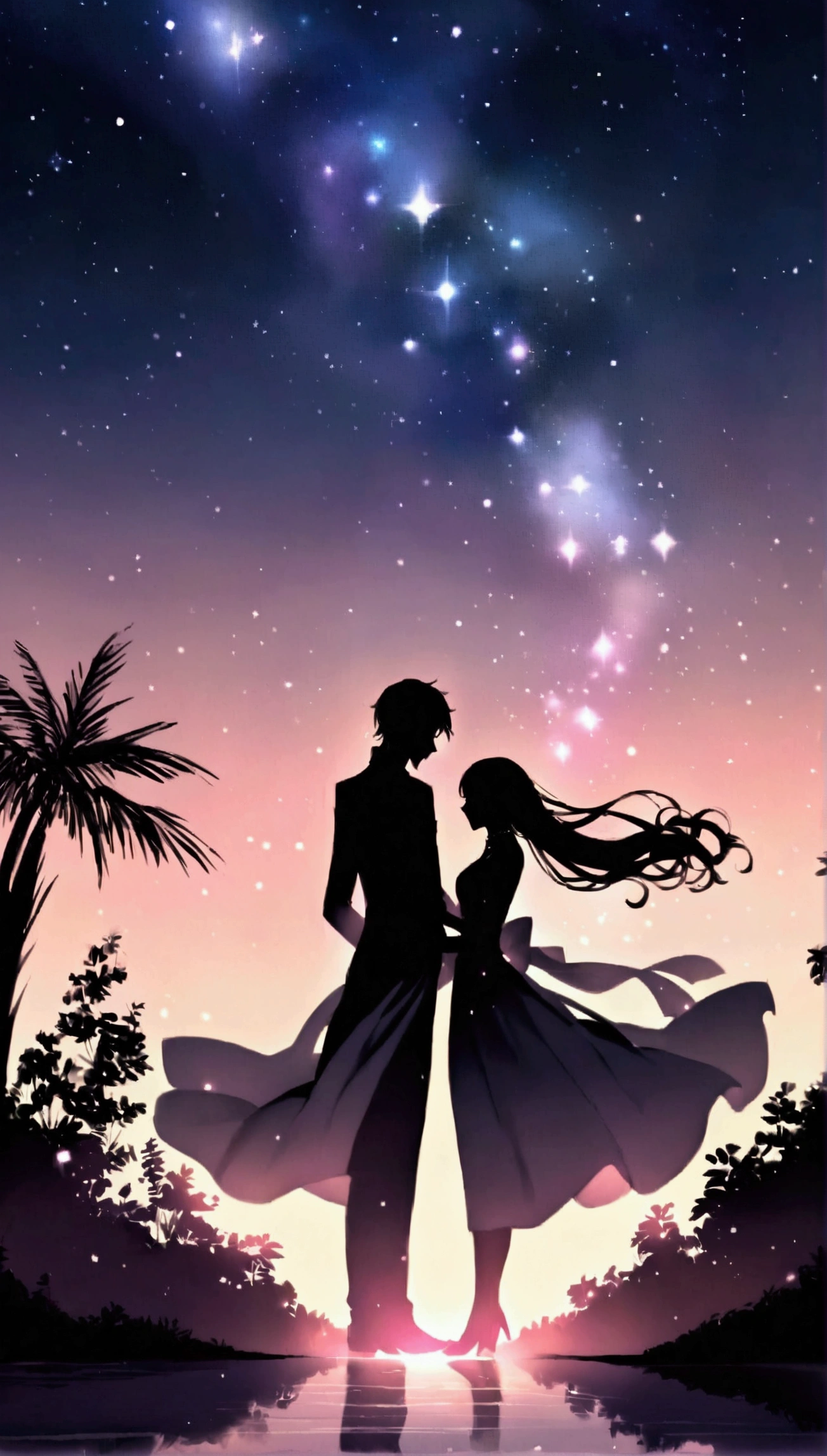 "Twinkling Star々The night sky is filled with, Each star shines brightly. This scene radiates a sense of love and connection., As if the stars were shining a light on your feelings for that special someone. background, soft, The gentle glow enhances the romantic atmosphere.. Starlight creates a path to the horizon, It symbolizes the bond between two people that transcends distance.."Silhouette of man and woman