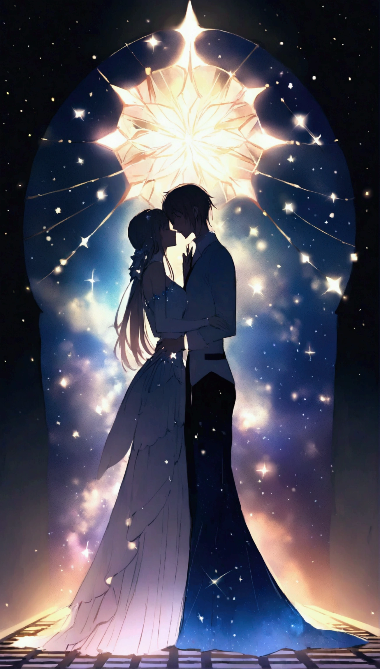 "Twinkling Star々The night sky is filled with, Each star shines brightly. This scene radiates a sense of love and connection., As if the stars were shining a light on your feelings for that special someone. background, soft, The gentle glow enhances the romantic atmosphere.. Starlight creates a path to the horizon, It symbolizes the bond between two people that transcends distance.."Silhouette of man and woman