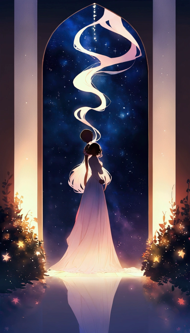 "Twinkling Star々The night sky is filled with, Each star shines brightly. This scene radiates a sense of love and connection., As if the stars were shining a light on your feelings for that special someone. background, soft, The gentle glow enhances the romantic atmosphere.. Starlight creates a path to the horizon, It symbolizes the bond between two people that transcends distance.."Silhouette of man and woman