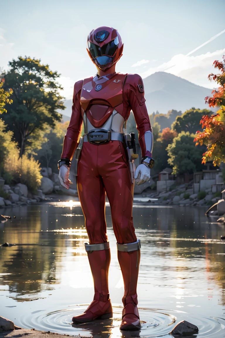 The sunset flies with the lonely geese in the distance, and the autumn river water and the vast sky are connected, icons,1boy, white, full body, Illustration, cinematic light, high resolution, best quality, ultra detailed, masterpiece, power suit, powerranger, suit, spd, (silver royal guard ranger suit), gold detail