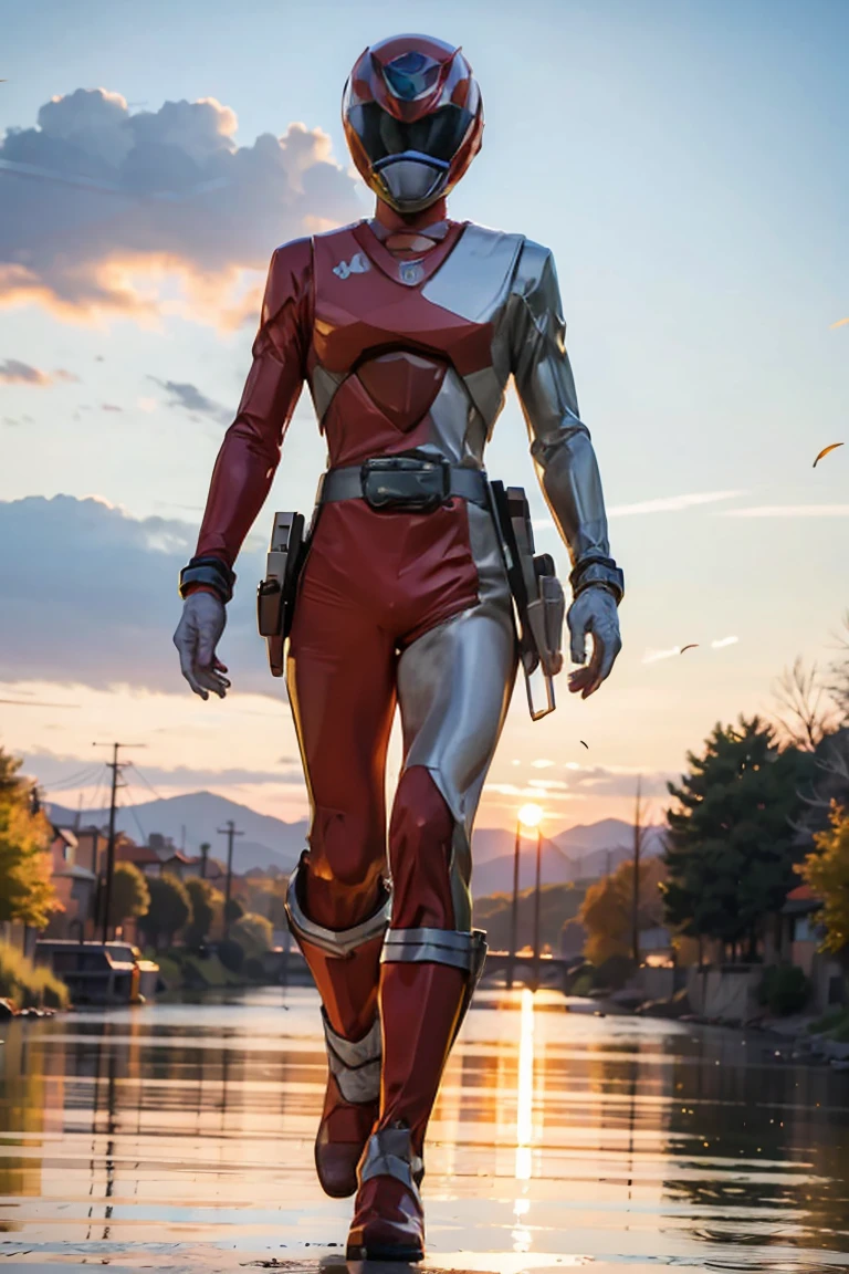 The sunset flies with the lonely geese in the distance, and the autumn river water and the vast sky are connected, icons,1boy, white, full body, Illustration, cinematic light, high resolution, best quality, ultra detailed, masterpiece, power suit, powerranger, suit, spd, (silver royal guard ranger suit), gold detail