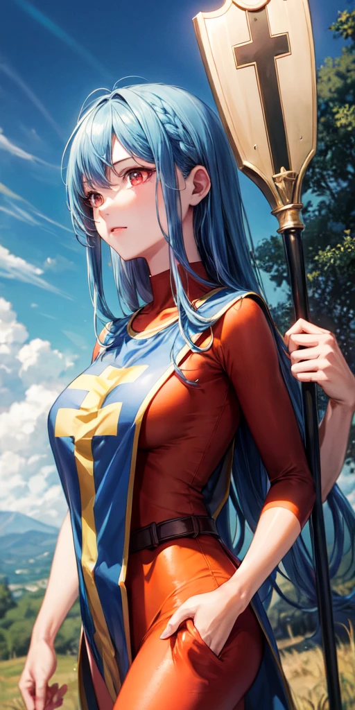 (masterpiece, Highest quality:1.1), priest \(dq3\), One girl, alone, Long Hair, Blue Hair, Red eyes, Mitra, Tabard, Cross Print, Orange bodysuit, Elbow hand pockets, Large Breasts, Holding, staff, nature, blue sky 