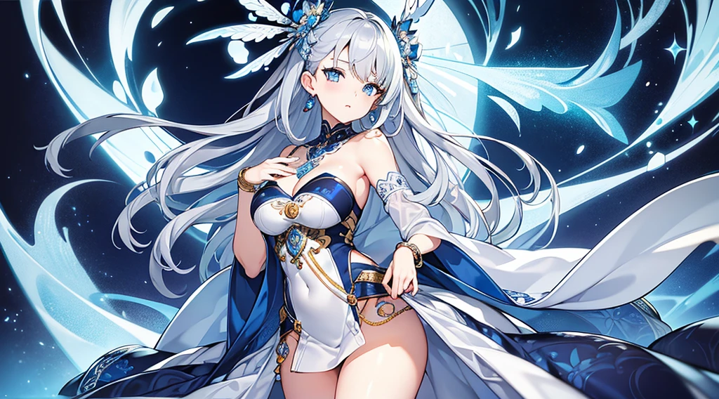 Highest quality, masterpiece, figure, wallpaper,One woman, Beautiful detailed woman, Highly detailed eyes and face, Beautiful attention to detail, Shine, View your viewers, Blue Eyes, Side Up,Beautiful silver hair ,crisp finger, clear background, deep night、Big earrings、bracelet,28 years old,Are standing