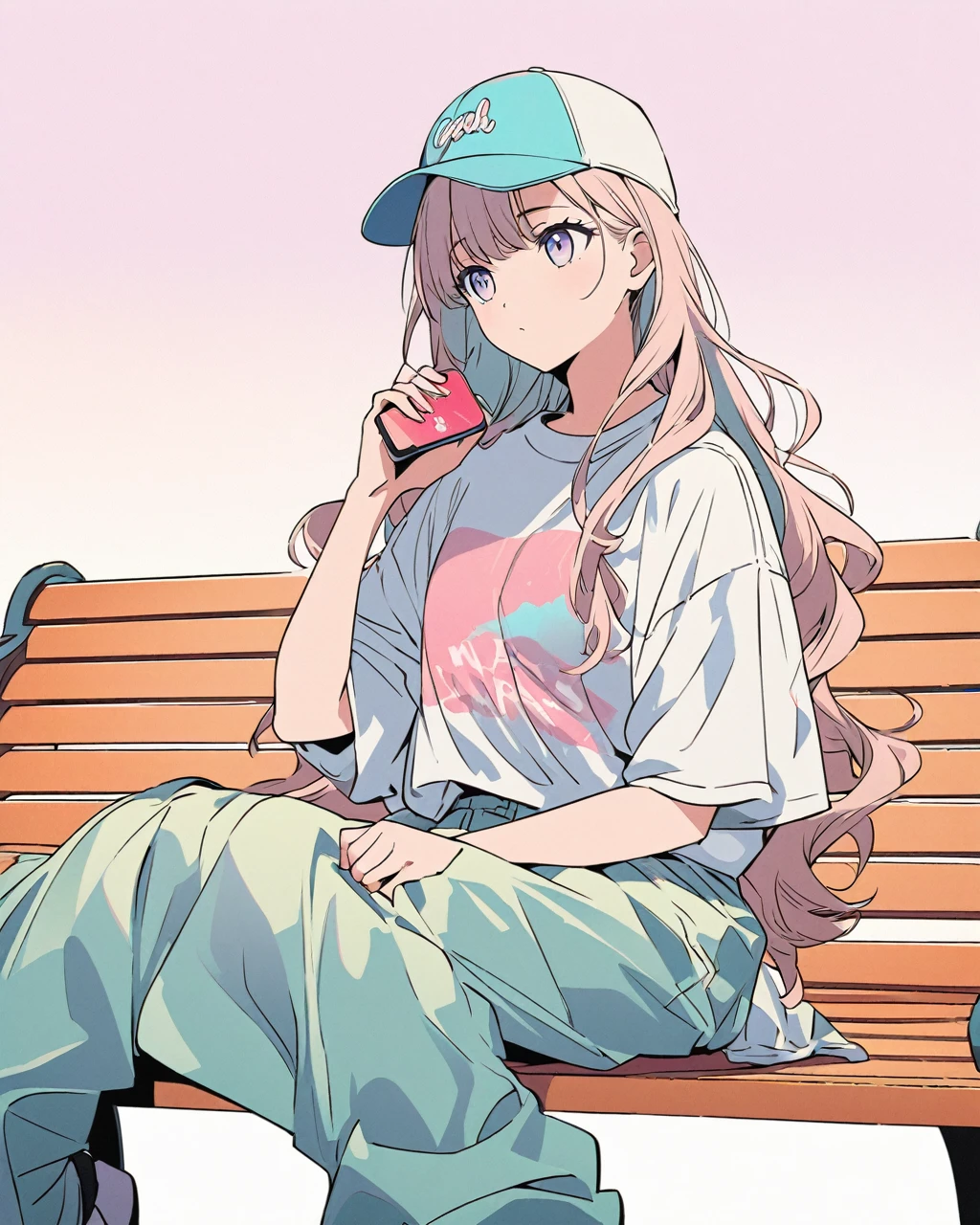 Create a detailed anime illustration of a girl with long, flowing hair and a casual streetwear outfit, including a baseball cap, baggy pants, and a graphic t-shirt. She is seated on a bench, holding a mobile phone can, with a serene expression. Use a two-tone pastel background to highlight the modern and minimalist setting
