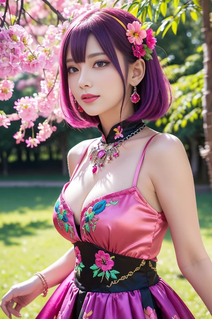 (masterpiece:1.4), (best quality:1.4), ultra high res, ultra high resolution, ((detailed facial features)), HDR, (realistic, photorealistic, photo-realistic:1.37), full body Esbian, sexy swedish model, (-anime), vivid colors, ((vivid colors multicolor (pink, fuchsia, purple) very short hair)), beautiful smile, lip-gloss, long lashes, defined eyebrows, wearing large sparkling colorful jewelery, wearing a red silk Paradise Kiss cosplay dress with black floral embroidery, ((vivid colors outfit)), vivid colors, look at the camera, cinematic light, large park background with trees, sweet and sexy pose