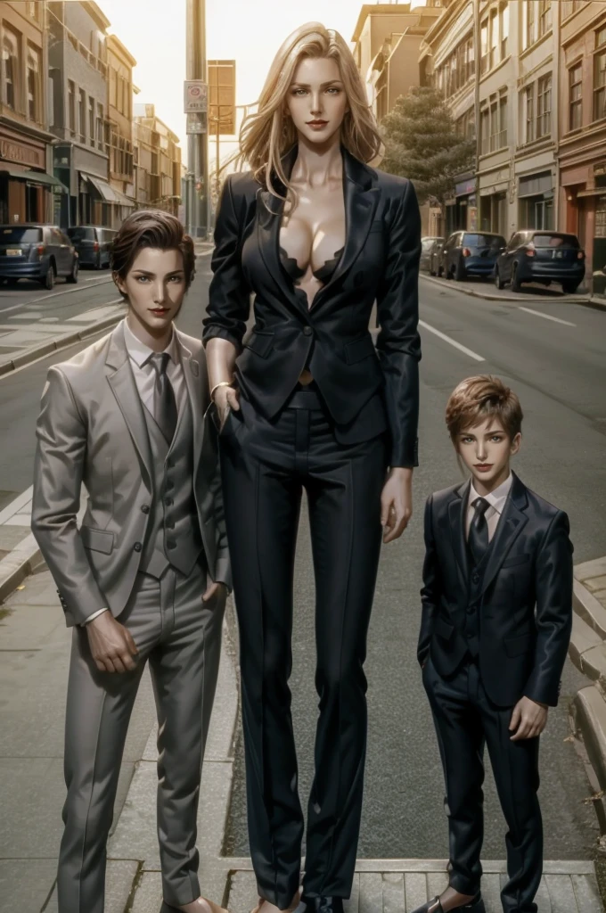 Tall wife in the middle, short husband in the left, short son in the right, beautiful faces, wife is wearing suit and pants, wife has big , wife is showing cleavage, wife is ripped, wife's suit has a belly button cutout, wife has ripped visible abs, make the girls even more taller than the boys, boys are very thin and weak, boys wearing suit and pants, wife is standing barefoot, boys are wearing office shoes