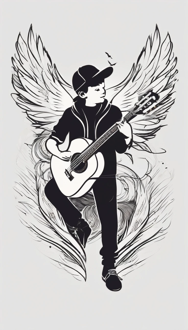 Create a white, minimalistic, logo design of a boy holding an acoustic guitar and a giant feather. The logo must convey a companionship between a and a fantasy bird.