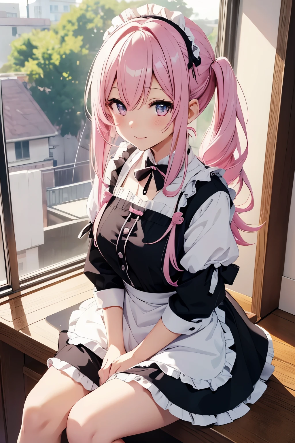 sitting on the window sill,Pink Hair,Beautiful pink eyes,黒と白いMaid clothesを着たアニメの女の子, Best anime 4k konachan wallpaper, Gorgeous maid, Maid clothes, Smooth anime CG art , Nightcore, Maid clothes, Ultra HD Anime Wallpaper, Cute girl anime visuals, 4K Manga Wallpapers,Occupation Maid