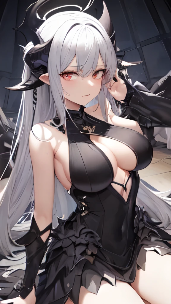 masterpiece, high quality, 4K, HDR, armored dress knight, black halo above head, black horns on head, large black tail, large black wings on back, Silver hair, intake hairstyle, blunt bangs, long hair, crimson eyes, narrowed eyes, sharp teeth, slightly pointed ears, displeased expression, slightly open mouth, low angle, full body, athletic, toned body, medium breasts