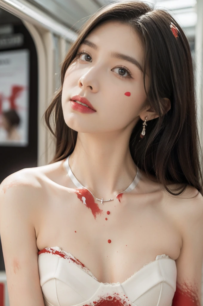 (((best quality))),(((ultra detailed))),(((masterpiece))),illustration,(a stunning girl,solo),(shoulder length straight hair:1.2),((earrings,necklace)),((slim,thin)),((small breasts,flat chest)),(standing:1.3), ((awkwardly,painful,embarrassed)),(In modern high-speed railway carriages:1.3),(strapless white bra splattered with red paint stains:1.5),(surrounded by crowded crowds:1.3),((from front,close-up of face))