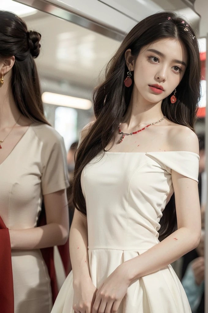 (((best quality))),(((ultra detailed))),(((masterpiece))),illustration,(a stunning girl,solo),(shoulder length straight hair:1.2),((earrings,necklace)),((slim,thin)),((small breasts,flat chest)),(standing:1.3), ((awkwardly,painful,embarrassed)),(In modern high-speed railway carriages:1.3),(short sleeves:1.2),(white dress splattered with red paint stains:1.3),(surrounded by crowded crowds:1.3),((from front,upper body))