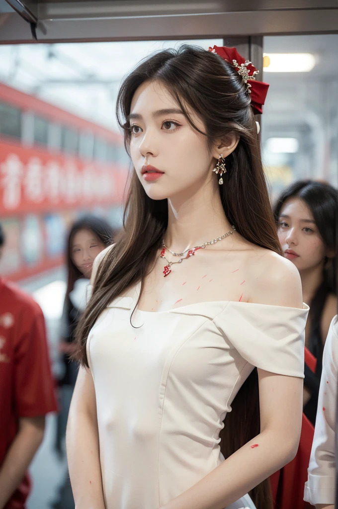 (((best quality))),(((ultra detailed))),(((masterpiece))),illustration,(a stunning girl,solo),(shoulder length straight hair:1.2),((earrings,necklace)),((slim,thin)),((small breasts,flat chest)),(standing:1.3), ((awkwardly,painful,embarrassed)),(In modern high-speed railway carriages:1.3),(white dress splattered with red paint stains:1.3),(surrounded by crowded crowds:1.3),((from front,upper body))