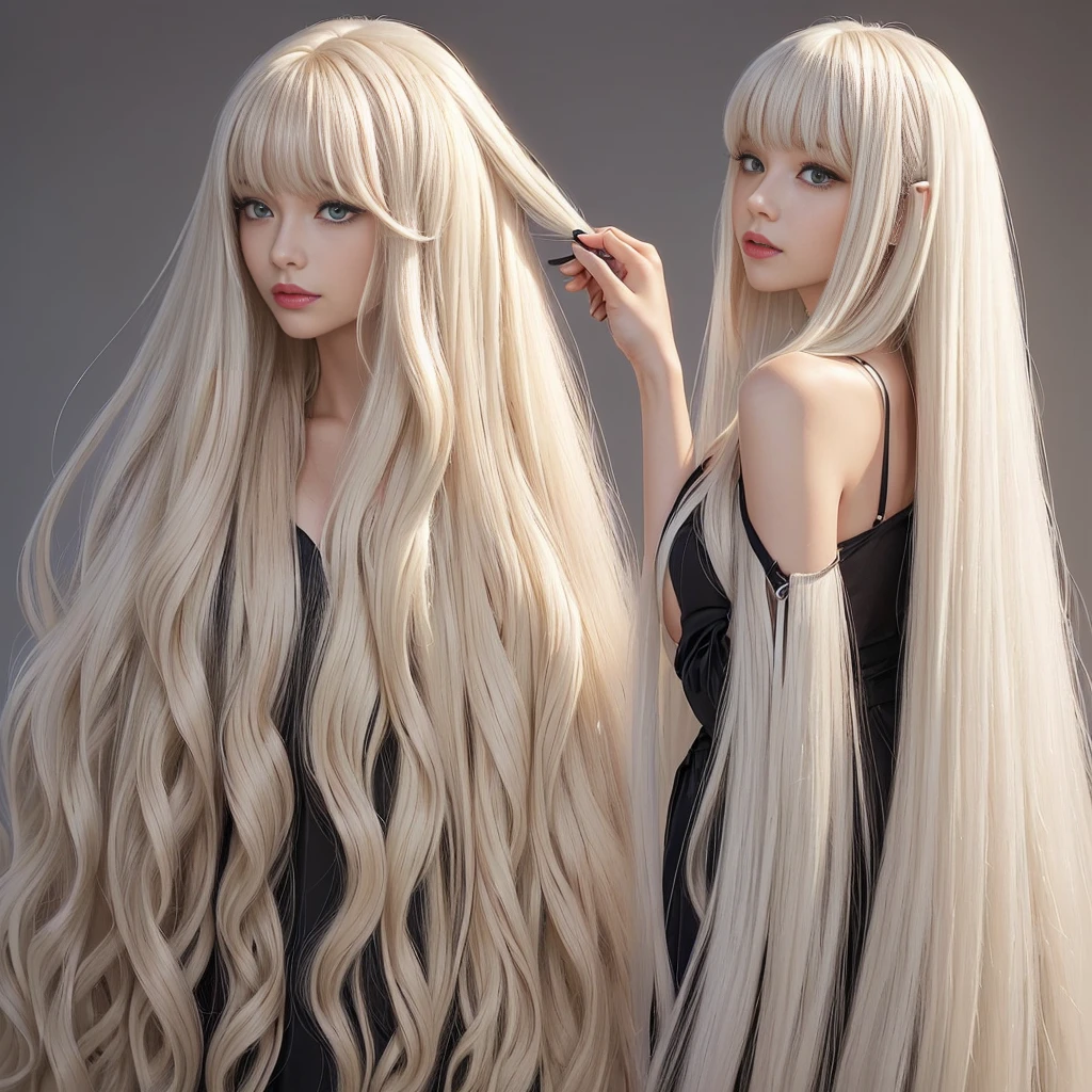(White wall background:1.4. Upper body photo from the knees up)　((Random hip poses showing as much back and hair as possible))　((Beautiful model with long platinum blonde hair, girl with super length Hair, extremely length Hair, extra length Hair, very long, Flowing Hair, very length Hair, length Hair girl, very long, Flowing platinum blonde hair, length Hair windy, very longプラチナブロンドヘア, length, Flowing Hair, length and or curly hair, with length Hair, length Hair!!!!　Her Highest quality hair is long and 真っ直ぐ or curly hair very long, Highest qualityのプラチナブロンド, length hair in the center, Highest quality long Straight or curly hair, length, Straight or curly hair, beautiful, High quality platinum blonde hair, length and platinum blonde hair highest quality Straight or curly hair, length Hair, length and Straight or curly hair, Highest qualityのプラチナブロンドヘア, Perfect silky Straight or curly hair of the Highest quality, Straight or curly hair, Highest qualityのプラチナブロンドヘア, length platinum blonde hair　Straight or curly hair, length, Bright platinum blonde hair　Her hair is long and Straight or curly hair, very longプラチナブロンドヘア, length hair in the center, length Straight or curly hair, length, Straight or curly hair, beautiful hair of the Highest quality, length Hair, length, Straight or curly hairプラチナブロンドヘア , length and free Straight or curly hair Platinum blonde hair, Straight or curly hair Platinum blonde hair))　(Her bangs are perfect.:1.3)　((Highest quality))　((masterpiece))　(family friendly)　(Get used to it)　　(Get a sensual make-up treatment from a professional make-up artist....　Exquisite texture:1.4　Bright red lipstick!!!　Beautiful black eyeliner)　Perfect Woman&#39;face　(Her face is dignified そして sexy)　((Her eyebrows are very thin:1.8))　Perfect Woman&#39;face　(Her face shape is thinner than average:1.8)　(Her eyes are larger than average:1.8　Her nose is higher than average:1.8)　(She is more attractive than the average French woman..:1.5　Her skin is a typical Caucasian complexion..　Her skin is very high quality and ultra high definition.、very beaut