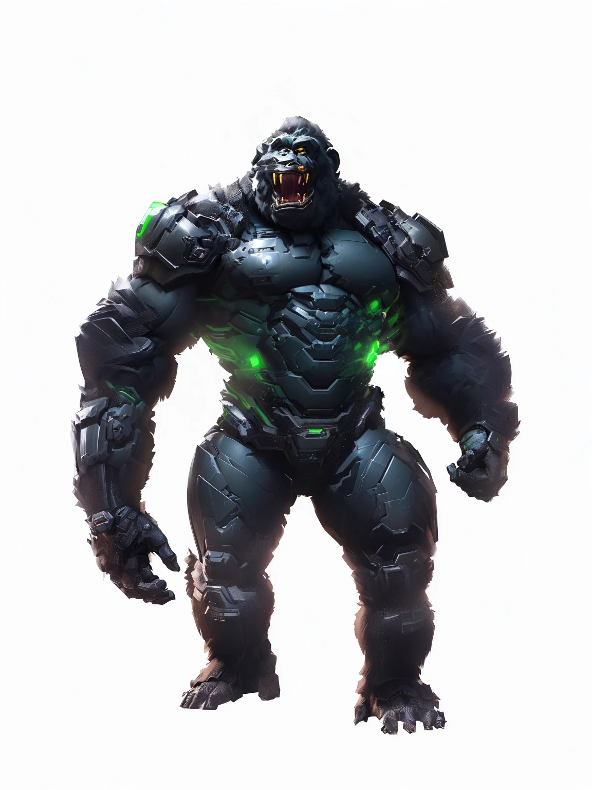 A green light on the chest、Wearing a black suit, Winston the Ape in Overwatch, Gorillas, an King Kong rage on street, Bulky, King Kong, Unigine Rendering, Character Art Opposite, Overwatch Winston, Official concept art, like Gorillas, Official Character Art, Doomman is similar to Samus, Fighting Game Characters