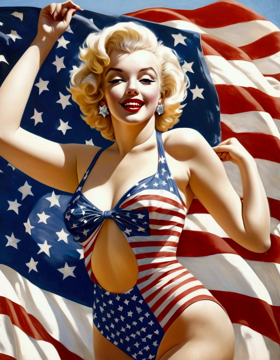 Marilyn Monroe, age 25, 50s style swimsuit american flag motif, waving a small american flag, American flag in background, sultry joyous pose