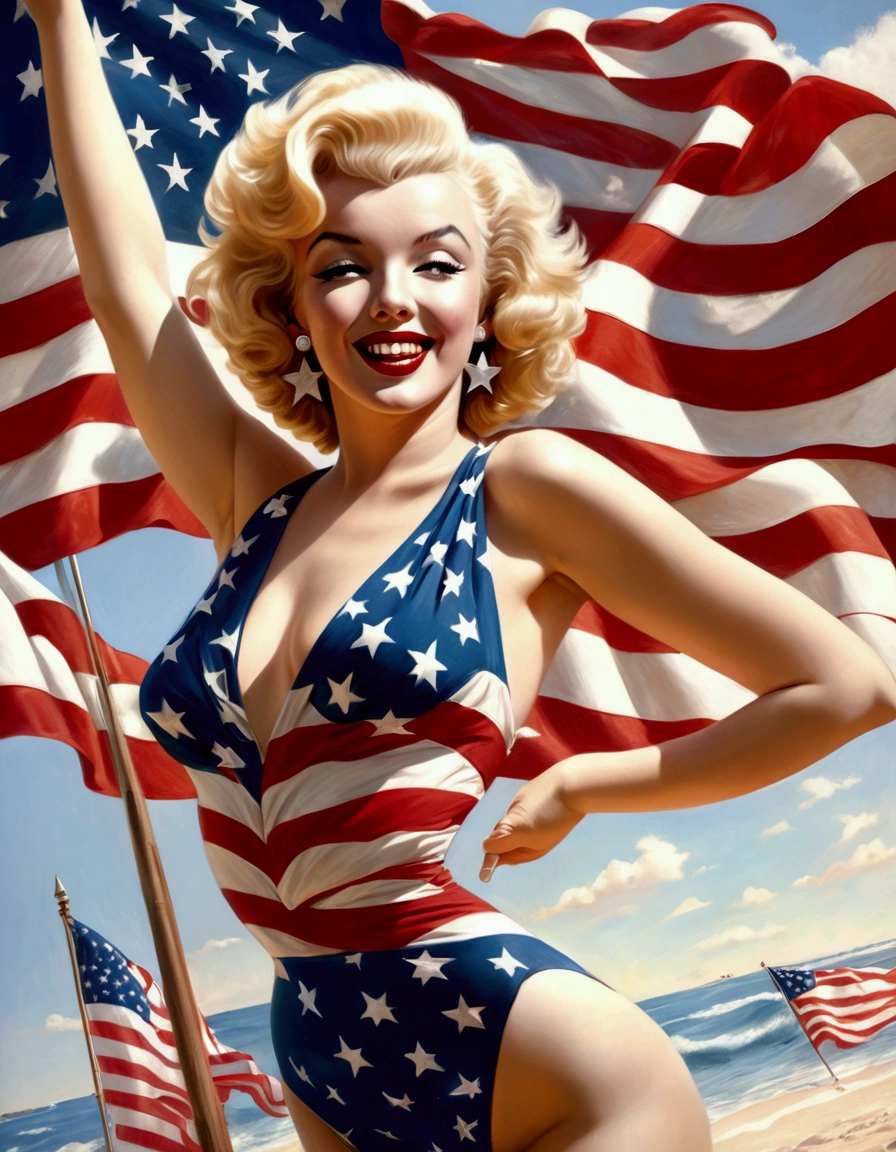 Marilyn Monroe, age 25, 50s style swimsuit american flag motif, waving a small american flag, American flag in background, sultry joyous pose