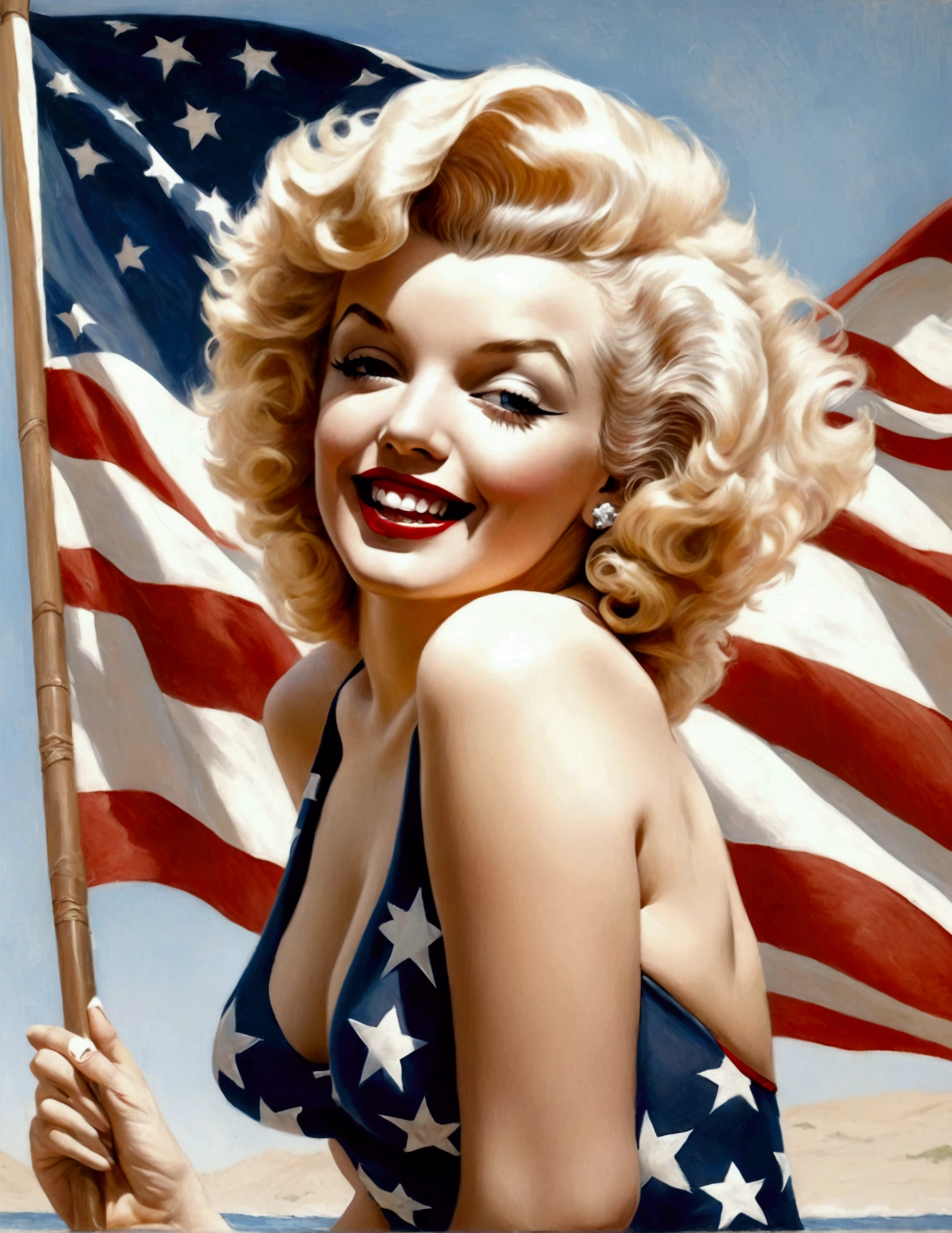 Marilyn Monroe, age 25, 50s style swimsuit american flag motif, waving a small american flag, American flag in background, sultry joyous pose